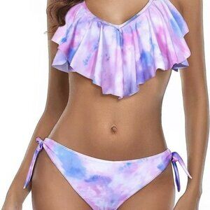 BOGO Sexy Two Piece Flounce Bikini Side Tie Bottom Padded Ruffled Swimsuit S